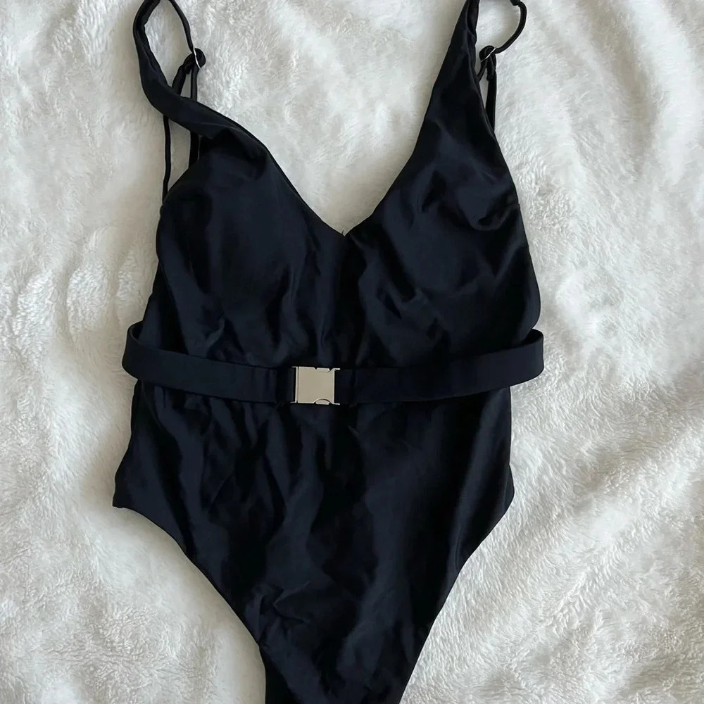 NWT Black One Piece Swimsuit with Belt  Detail and Adjustable Scraps